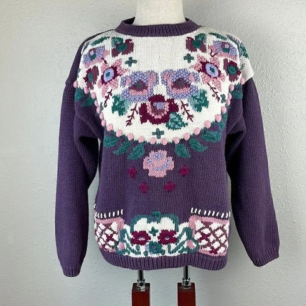 Vintage Russ Floral Stitched Sweater Size M EUC